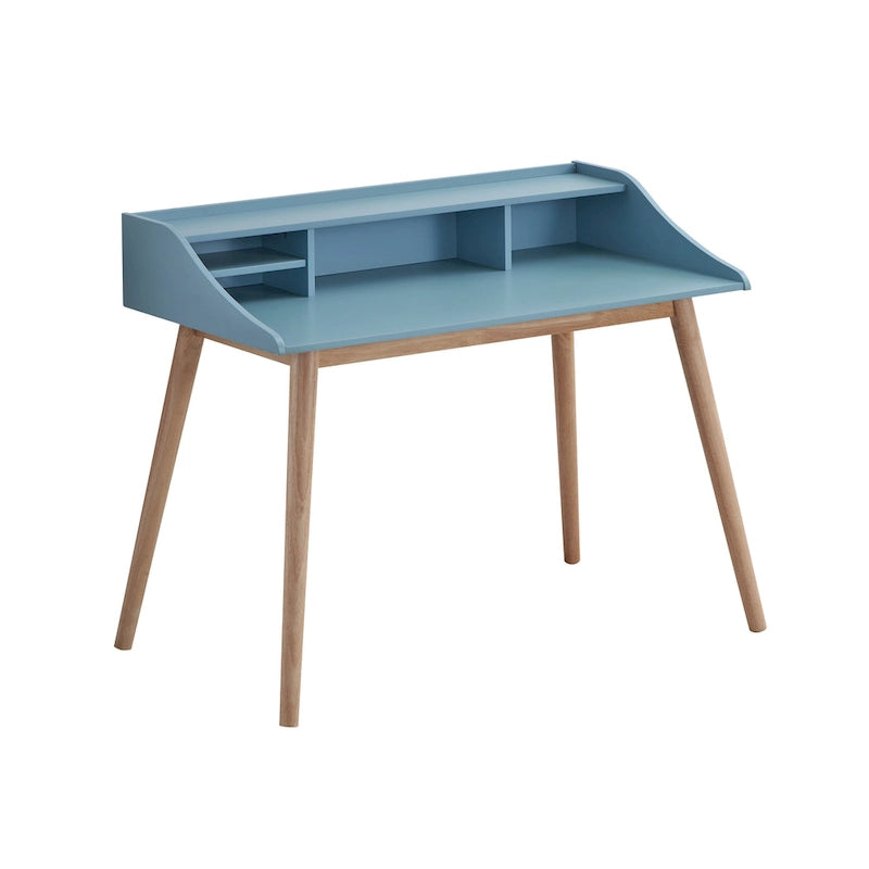 Mid Century Modern Writing Computer Desk with Hutch Shelves and 4 Wood Legs for Small Home Office or Study Room