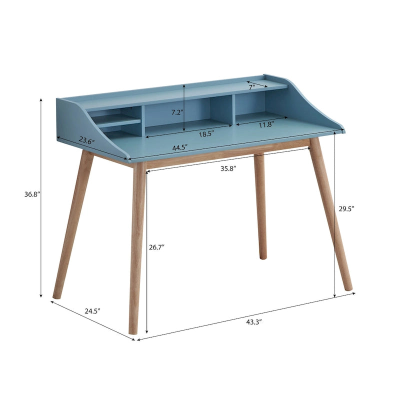 Mid Century Modern Writing Computer Desk with Hutch Shelves and 4 Wood Legs for Small Home Office or Study Room
