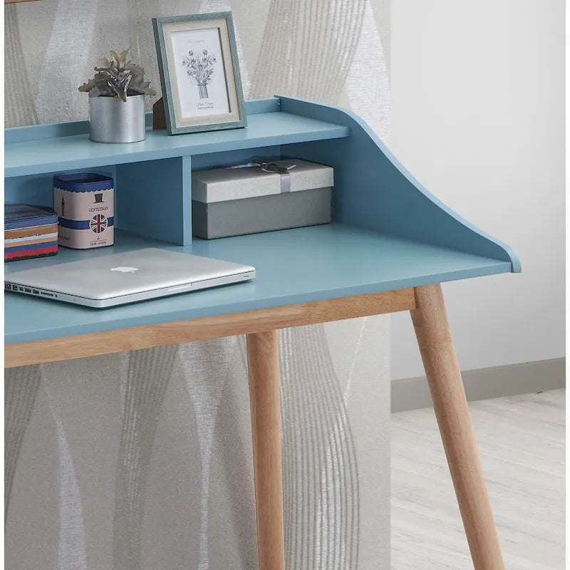 Mid Century Modern Writing Computer Desk with Hutch Shelves and 4 Wood Legs for Small Home Office or Study Room