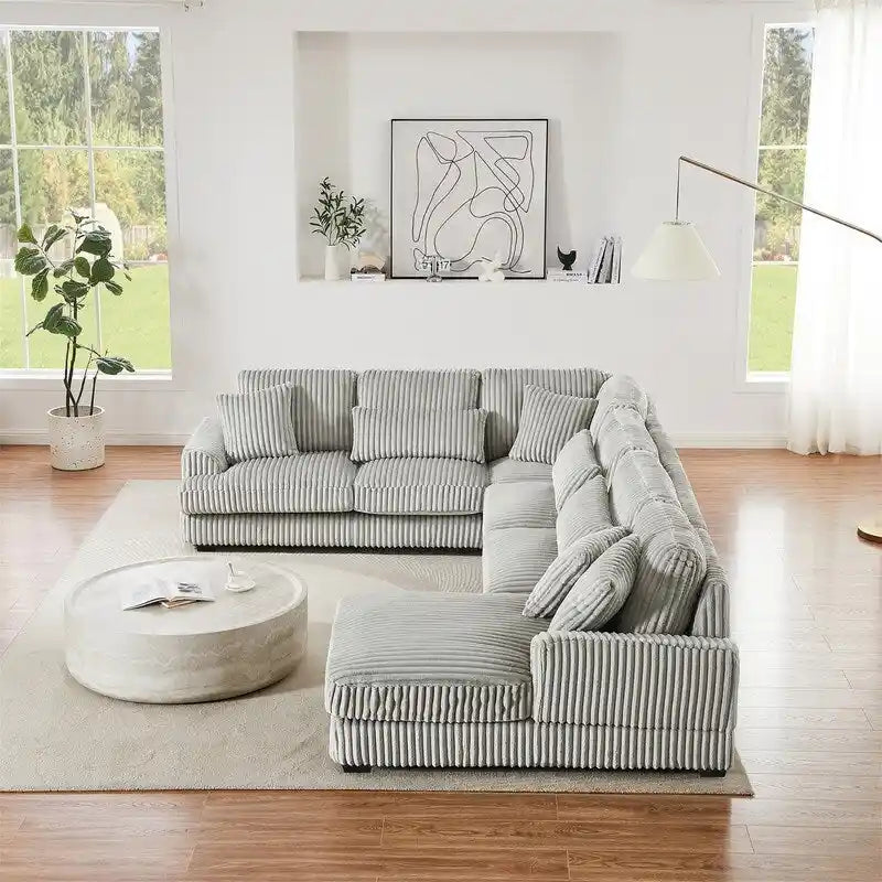 Oversized U-shaped Sectional Sofa with Chaise Lounge, 129 Modern Upholstered Sofa Couch, Corduroy Couch Set for Living Room