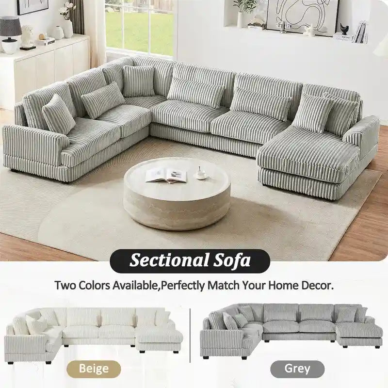Oversized U-shaped Sectional Sofa with Chaise Lounge, 129 Modern Upholstered Sofa Couch, Corduroy Couch Set for Living Room