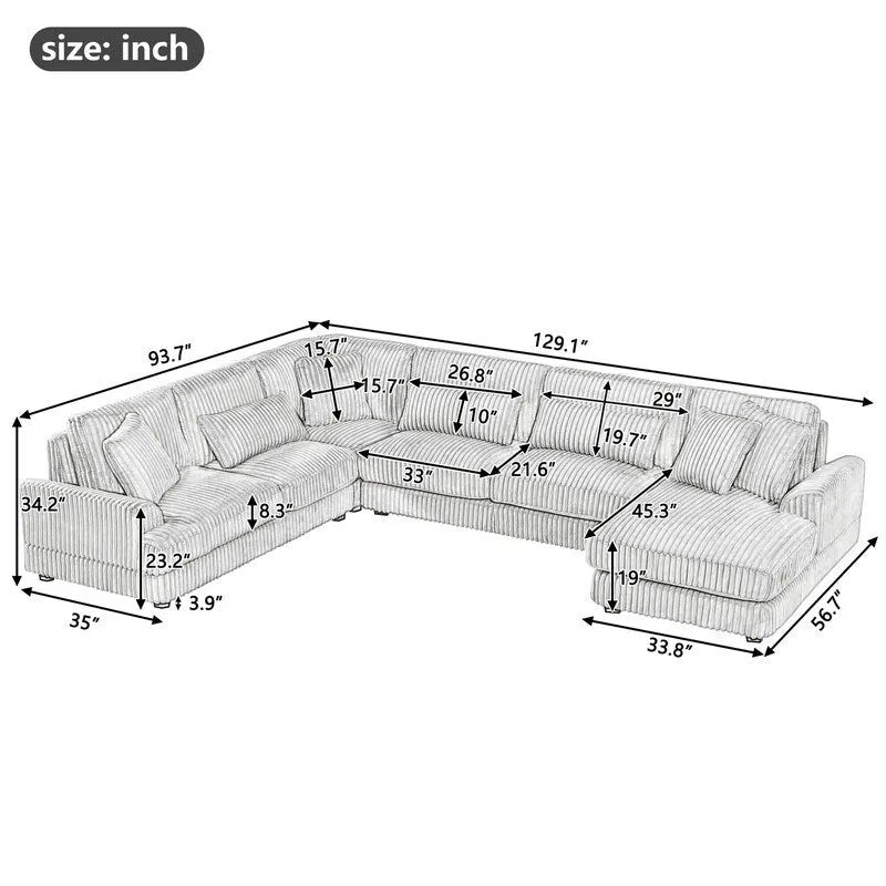 Oversized U-shaped Sectional Sofa with Chaise Lounge, 129 Modern Upholstered Sofa Couch, Corduroy Couch Set for Living Room