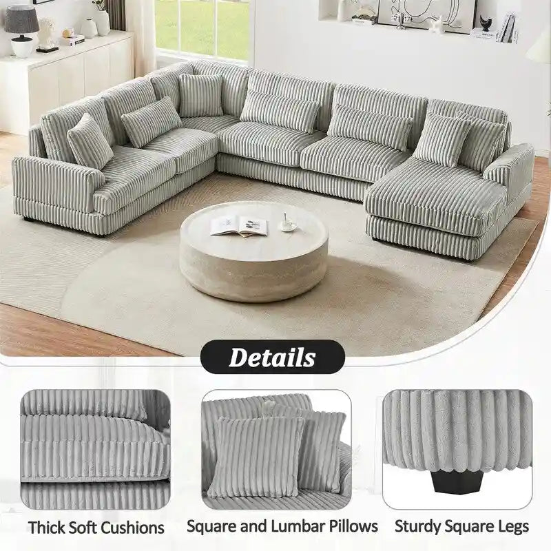 Oversized U-shaped Sectional Sofa with Chaise Lounge, 129 Modern Upholstered Sofa Couch, Corduroy Couch Set for Living Room