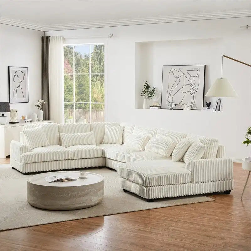 Oversized U-shaped Sectional Sofa with Chaise Lounge, 129 Modern Upholstered Sofa Couch, Corduroy Couch Set for Living Room