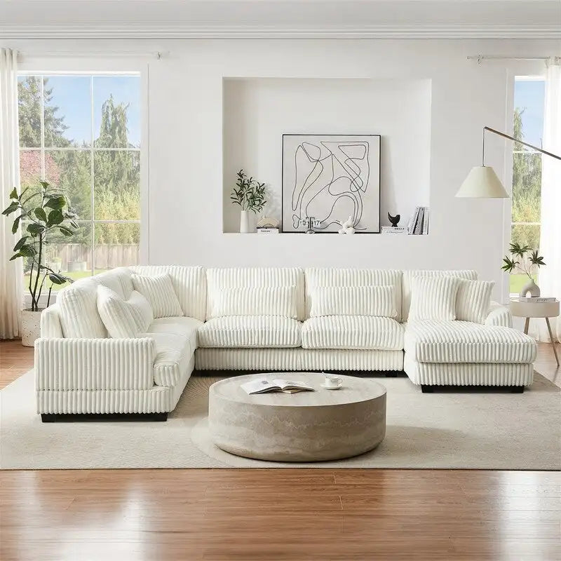 Oversized U-shaped Sectional Sofa with Chaise Lounge, 129 Modern Upholstered Sofa Couch, Corduroy Couch Set for Living Room