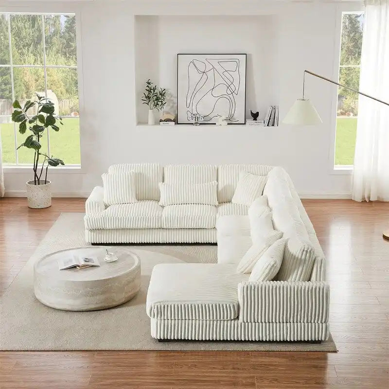 Oversized U-shaped Sectional Sofa with Chaise Lounge, 129 Modern Upholstered Sofa Couch, Corduroy Couch Set for Living Room