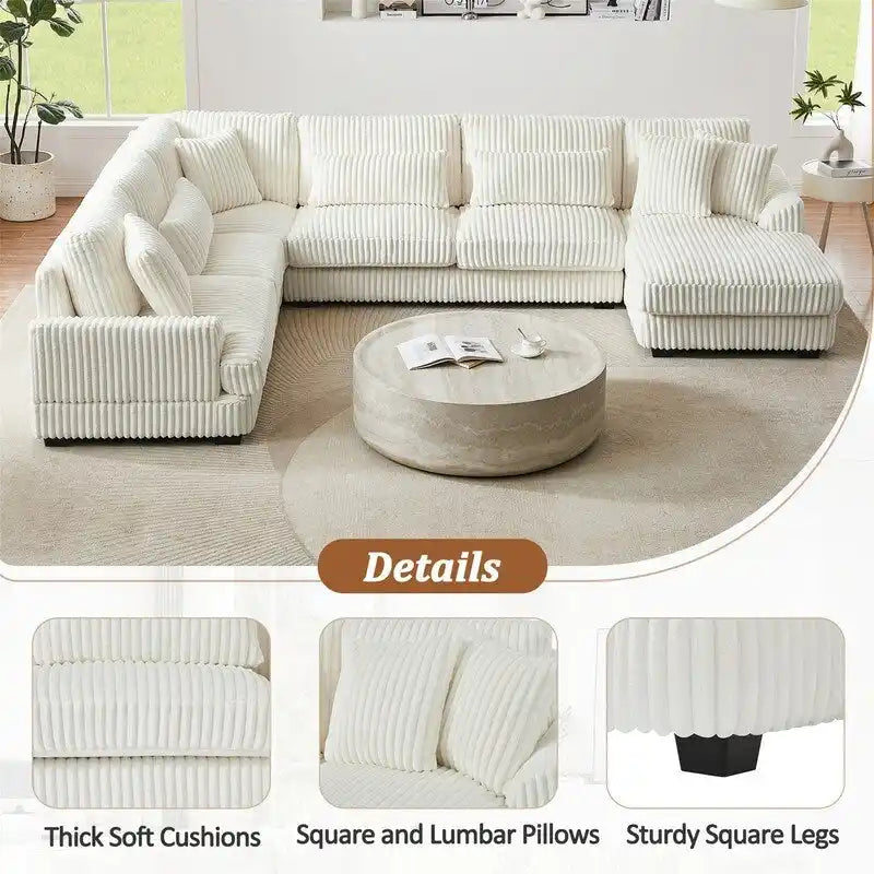 Oversized U-shaped Sectional Sofa with Chaise Lounge, 129 Modern Upholstered Sofa Couch, Corduroy Couch Set for Living Room