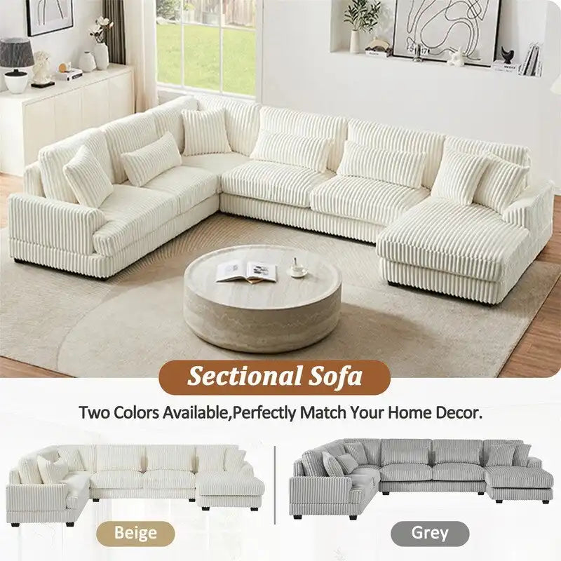 Oversized U-shaped Sectional Sofa with Chaise Lounge, 129 Modern Upholstered Sofa Couch, Corduroy Couch Set for Living Room