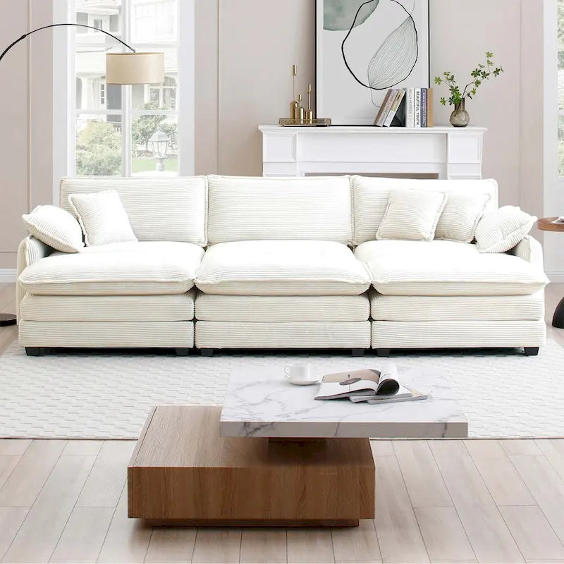 Beige 6-Piece Corduroy Modular Sleeper Sectional Sofa with 3 Ottomans & 5 Pillows