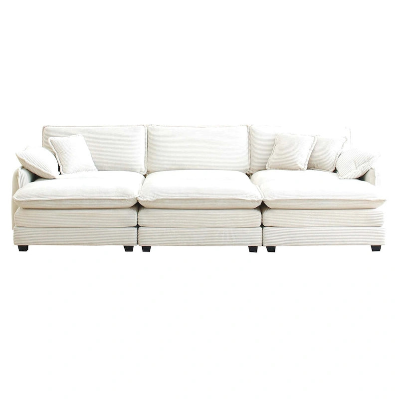 Beige 6-Piece Corduroy Modular Sleeper Sectional Sofa with 3 Ottomans & 5 Pillows