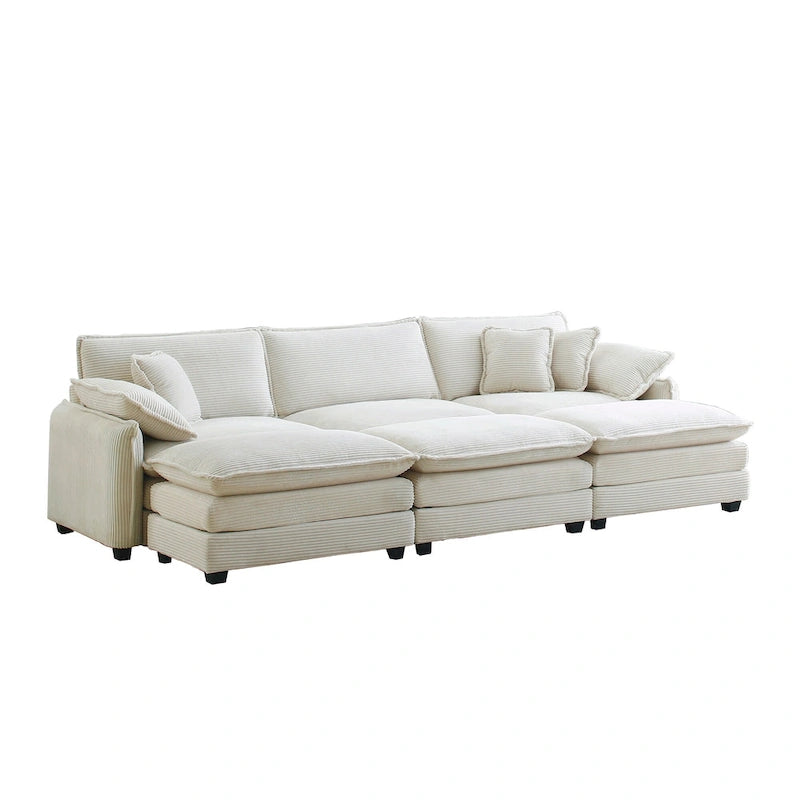 Beige 6-Piece Corduroy Modular Sleeper Sectional Sofa with 3 Ottomans & 5 Pillows