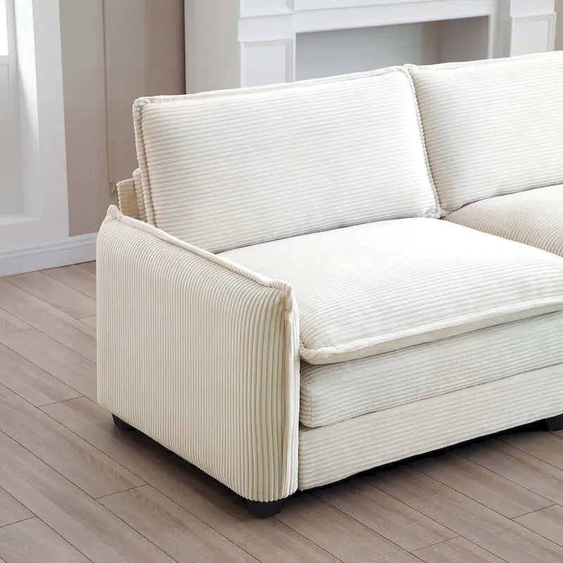 Beige 6-Piece Corduroy Modular Sleeper Sectional Sofa with 3 Ottomans & 5 Pillows