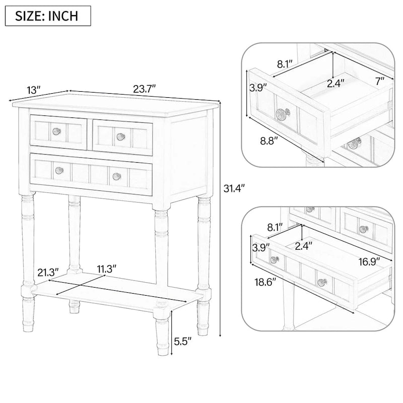 23.7 Classic Console Table with Three Storage Drawers and Bottom Shelf