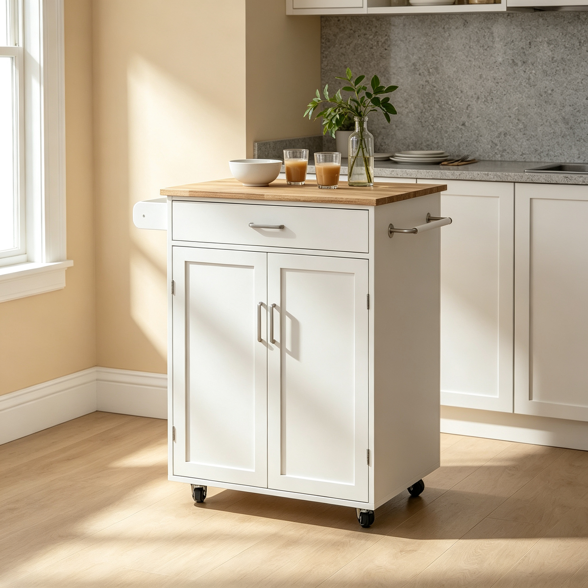 32.87 W Modern Rubberwood Countertop Kitchen Island with Adjustable Shelves and Towel Racks