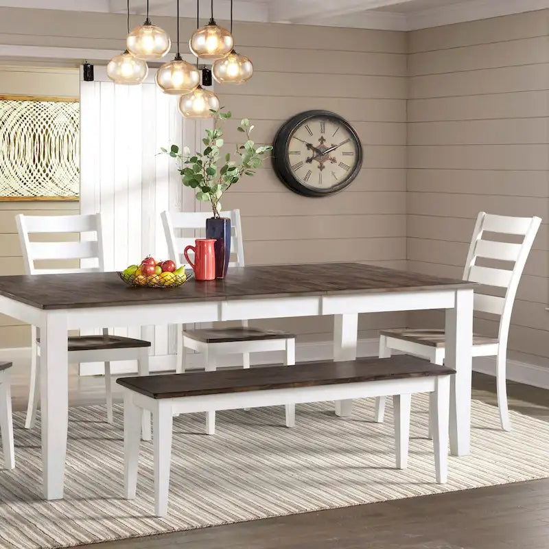 Grey and White Backless Bench with Wood Seat