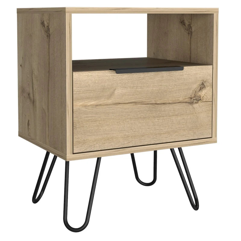 Nightstand 22H, One Open Shelf, Single Door Cabient, Hairpin Legs, Black