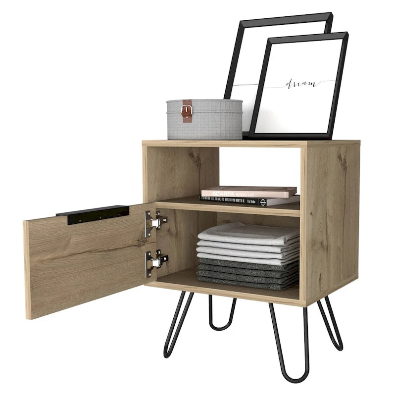 Nightstand 22H, One Open Shelf, Single Door Cabient, Hairpin Legs, Black