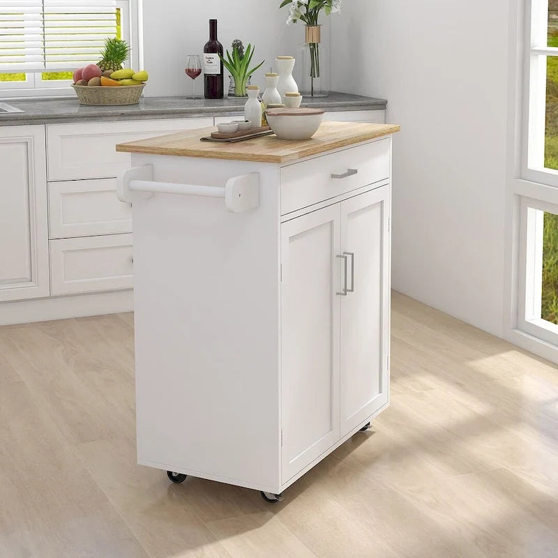 32.87 W Modern Rubberwood Countertop Kitchen Island with Adjustable Shelves and Towel Racks