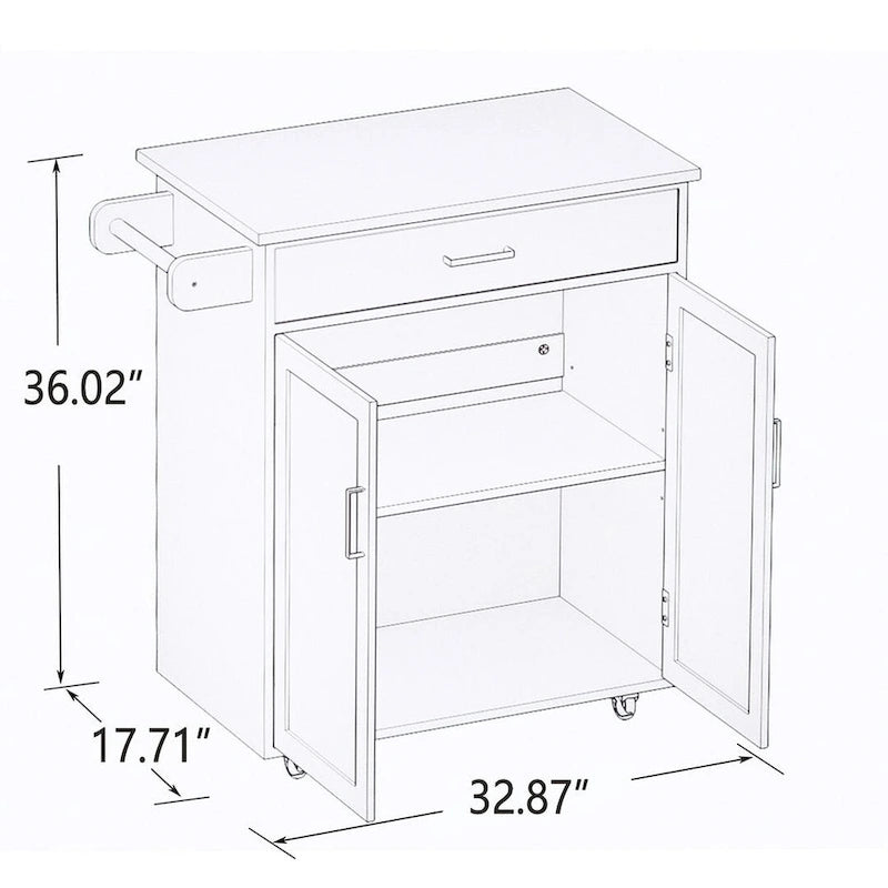 32.87 W Modern Rubberwood Countertop Kitchen Island with Adjustable Shelves and Towel Racks
